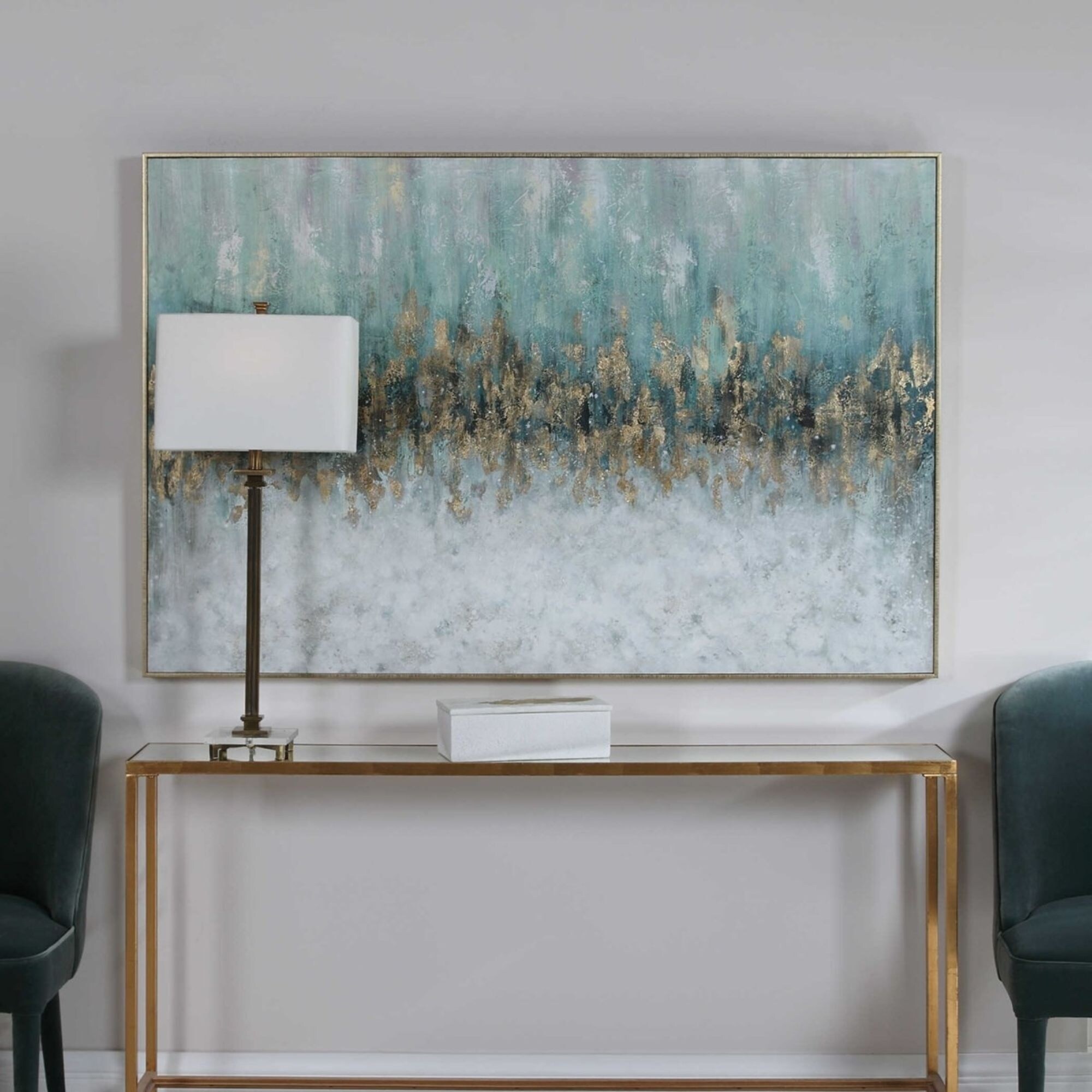 Shop Teal Blue And Gold Abstract Rectangular Hand Painted Wall Art