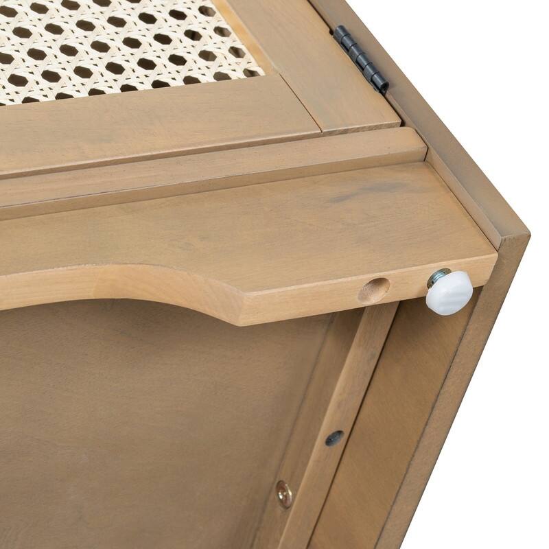 Rustic 47.4" Storage Bench Multifunctional Wooden Entryway Organizer with Removable Cushion and Rattan Doors