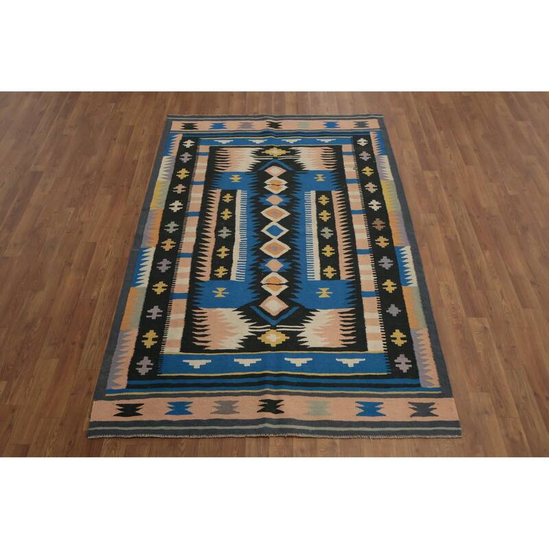 Hand Woven Oriental 100% Wool Carpet Southwestern Tribal Navy Blue & Blues Kilim Area Rug - 6' 9'' X 4' 6''