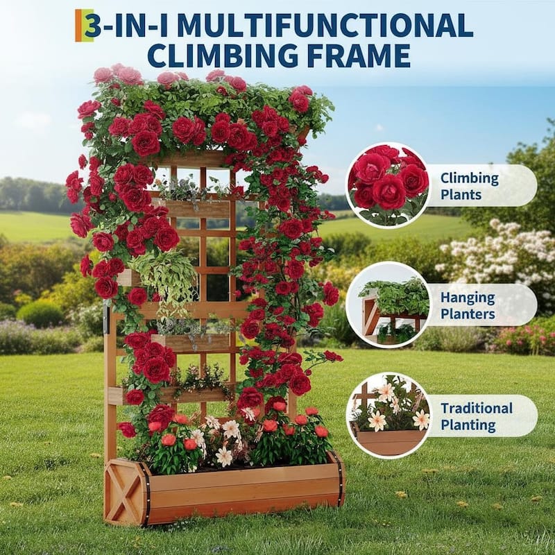 67" Large Raised Garden Bed, with Trellis, Roof and Drainage Holes