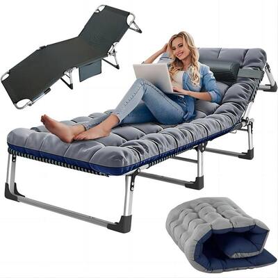 Folding Camping Cot Bed, Adjustable 4-Position Reclining Folding Chaise with Pillow, Outdoor Portable Folding Lounge Chair