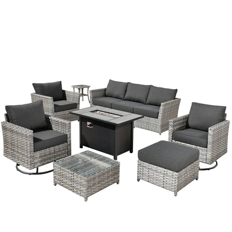 HOOOWOOO 10-piece Rattan Wicker Sectional Sofa Patio Furniture Set with Fire Pit Table