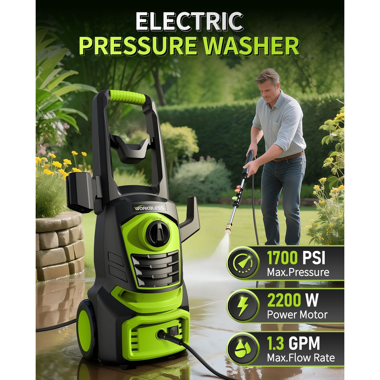 Electric Pressure Washer, 1700 PSI Max 1.3 GPM Power Washer, High Pressure Washer with Foam Cannon