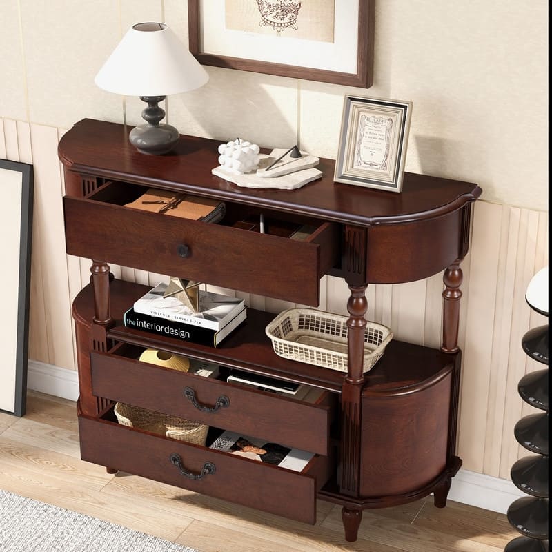 Retro 43" Curved Wood Console Table with 3 Drawers and Open Shelf, Sofa Table Behind Couch for Living Room and Hallway Storage