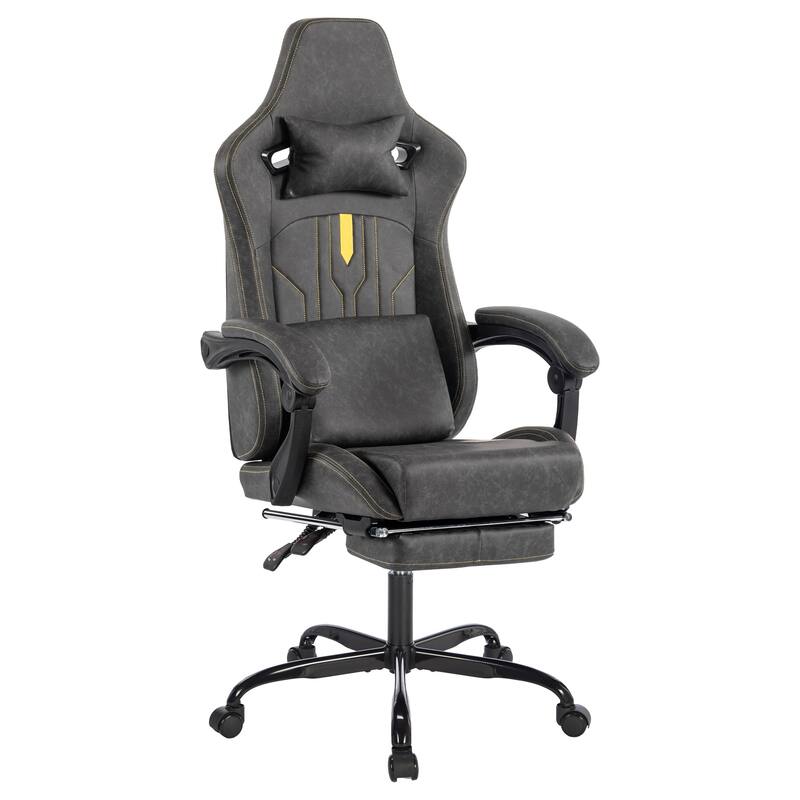 PU Leather Gaming Chair with Massage Lumbar Support, Footrest and Linkage Armrests