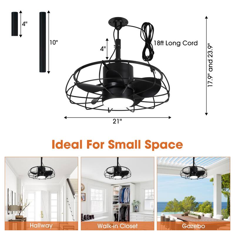 20" Industrial Black Wet Outdoor Caged Ceiling Fan with Light and Remote
