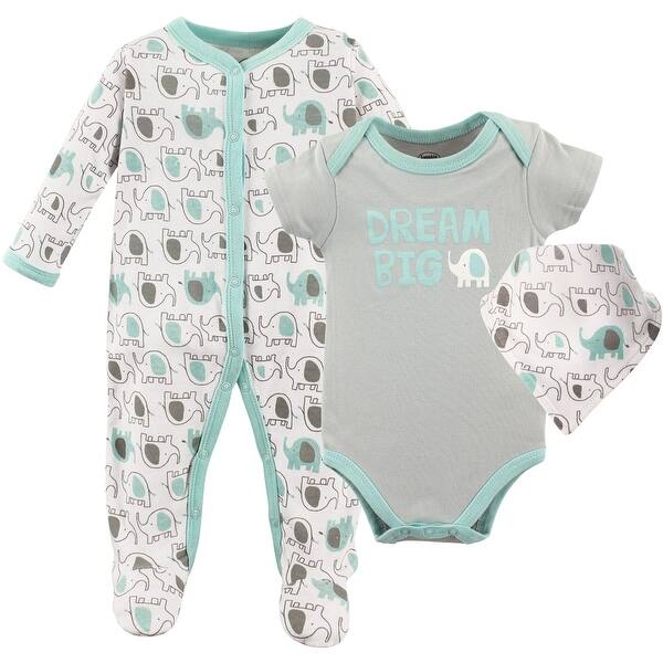 slide 1 of 1, Luvable Friends Baby Unisex Sleep and Play, Bodysuit and Bib, Elephants 0-3 Months - Elephants