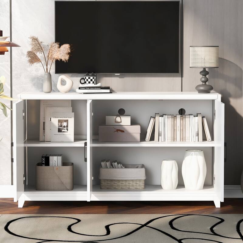 White 59.1" TV Stand Console Cabinet with 2 Spacious Storage Space and Solid Wood Legs for TVs Up to 65"