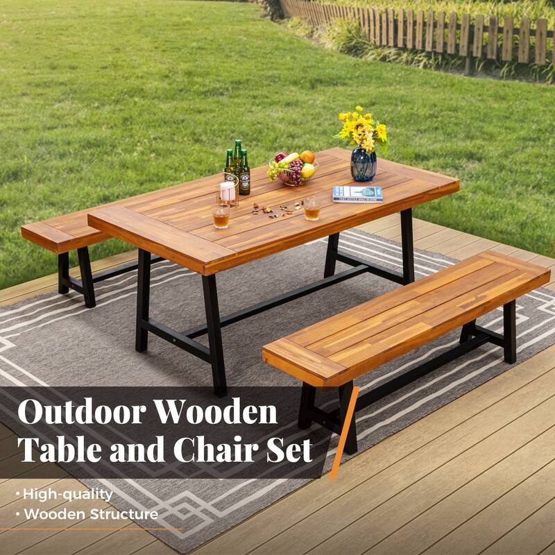 MAISON ARTS 1 PCS Acacia Wood Bench/3PCS Patio Dining Set with 1 Rectangular Table and 2 Benches