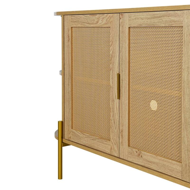 Elegant Curved Buffet Cabinet with 2 Woven Rattan Doors, Sideboard Accent Storage Cabinet with Storage Shelves & with Gold Trim