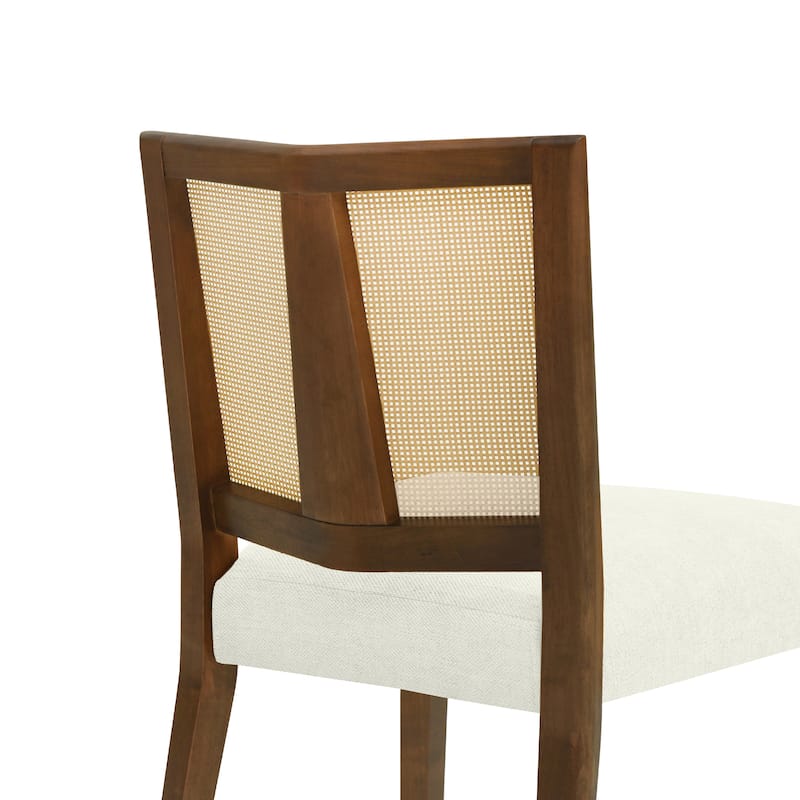 Set of 2 Rattan Back Dining Chairs with Upholstered Seat, Rubberwood Frame, Armless Mid-Century Design