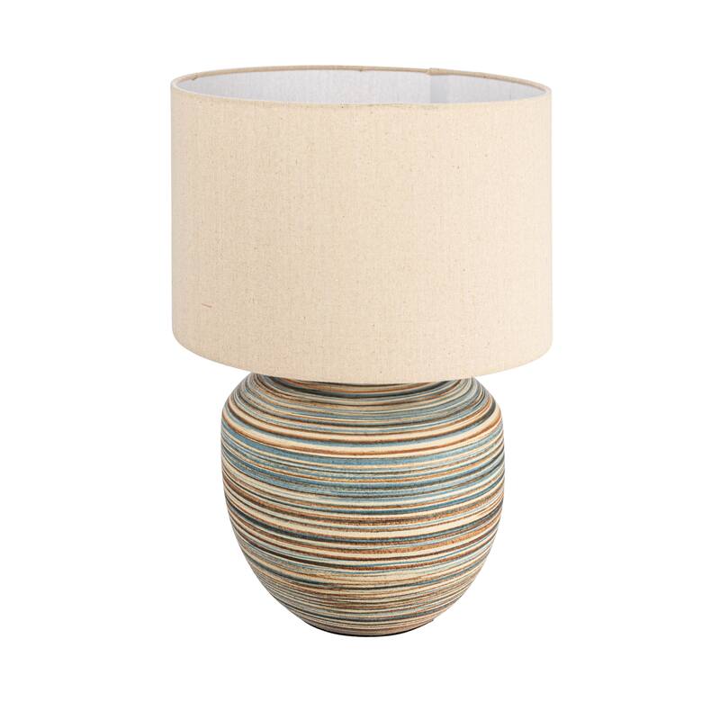 Stoneware Table Lamp with Stripes and Linen Shade - 15.0"L x 15.0"W x 20.0"H