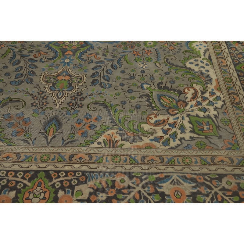Hand Knotted Oriental 100% Wool Carpet Traditional Floral Greys & Charcoal Tabriz Area Rug - 12' 7'' X 9' 6''