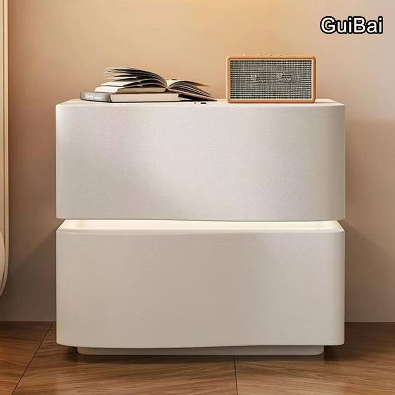 Modern Leather Nightstand with LED Light & 2 Drawers