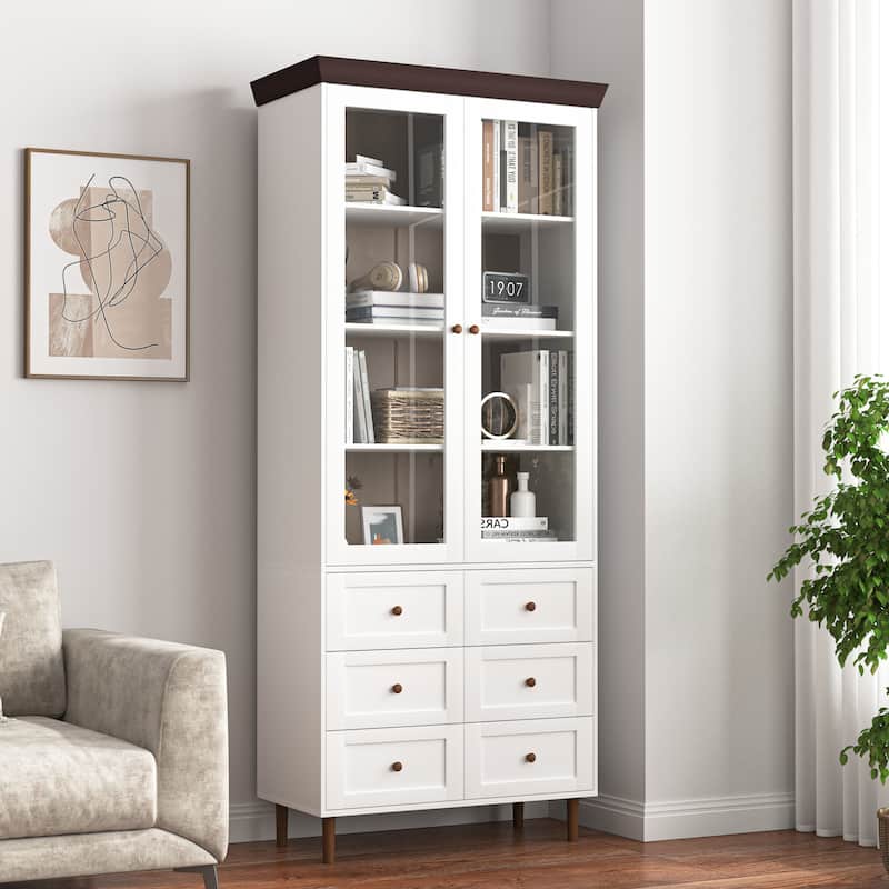 White MDF Display Storage Cabinet,Tall Kitchen Pantry Cabinets with Glass Doors and Adjustable Shelves,Freestanding