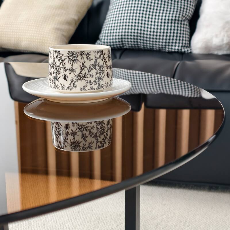 Round Amber-Tinted Tempered Glass Coffee Table Living Room Center Table with 2-Tier