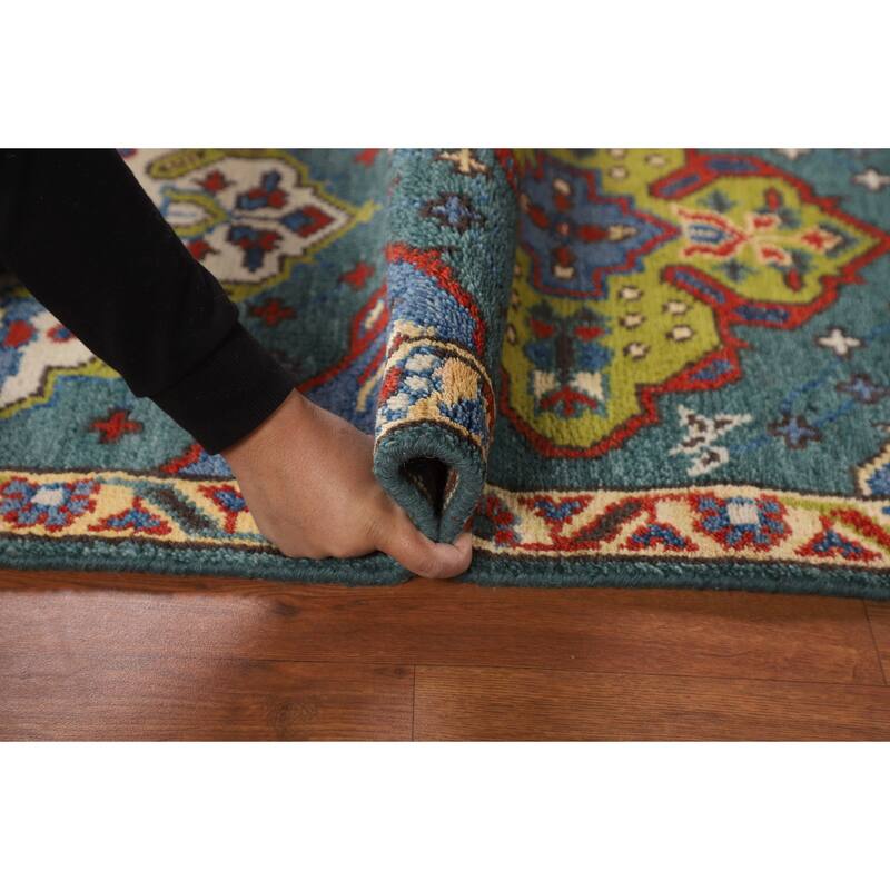 Green Geometric Kazak Oriental Runner Rug Hand-Knotted Wool Carpet - 2'6"x 9'10"