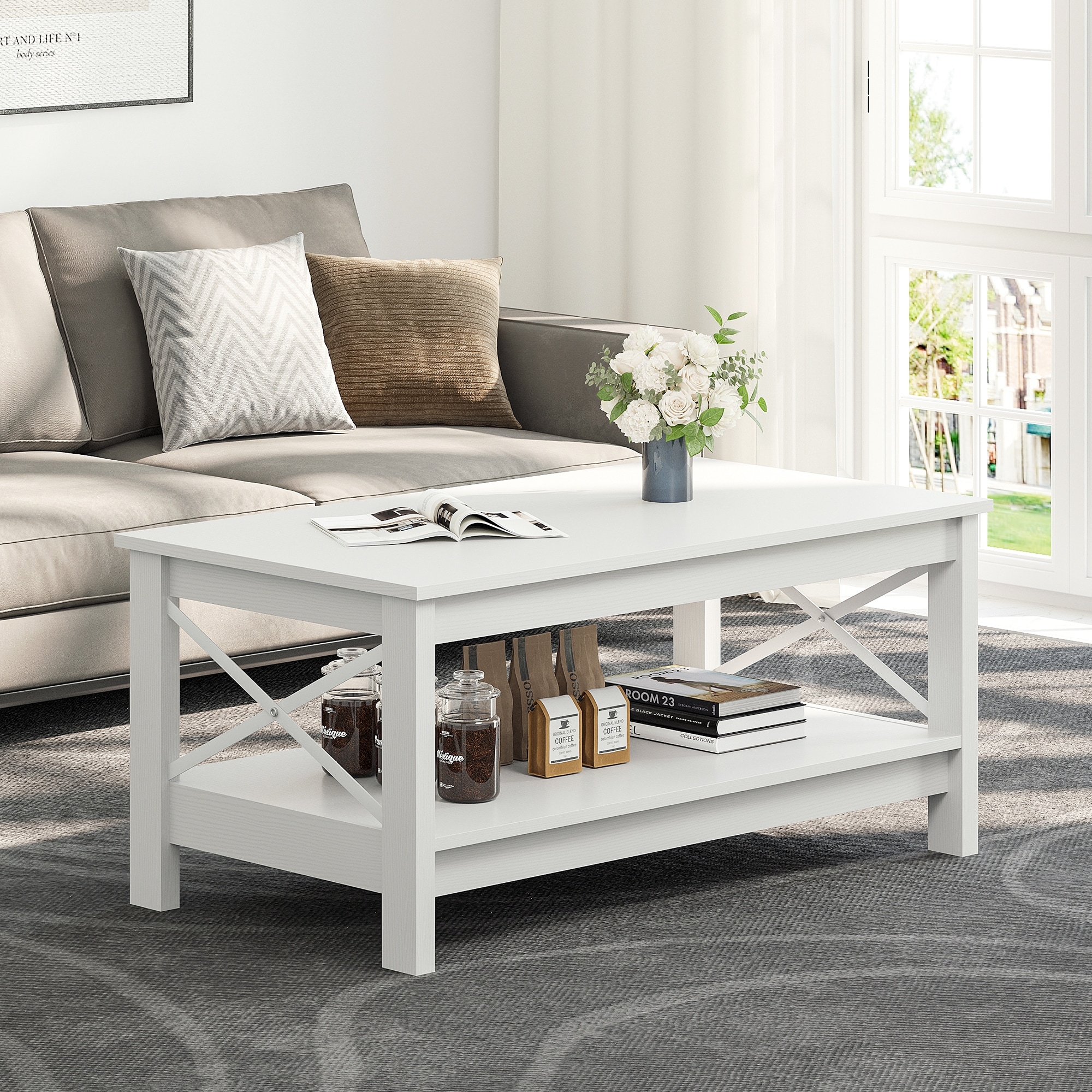 Farmhouse Coffee Table with Storage 2-Tier Center Table for Living Room