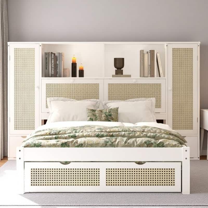 Twin Platform Bed with Rattan Accents, Built-In Headboard Shelf, Drawer, and 2 Storage Cabinets, Wooden Frame - White
