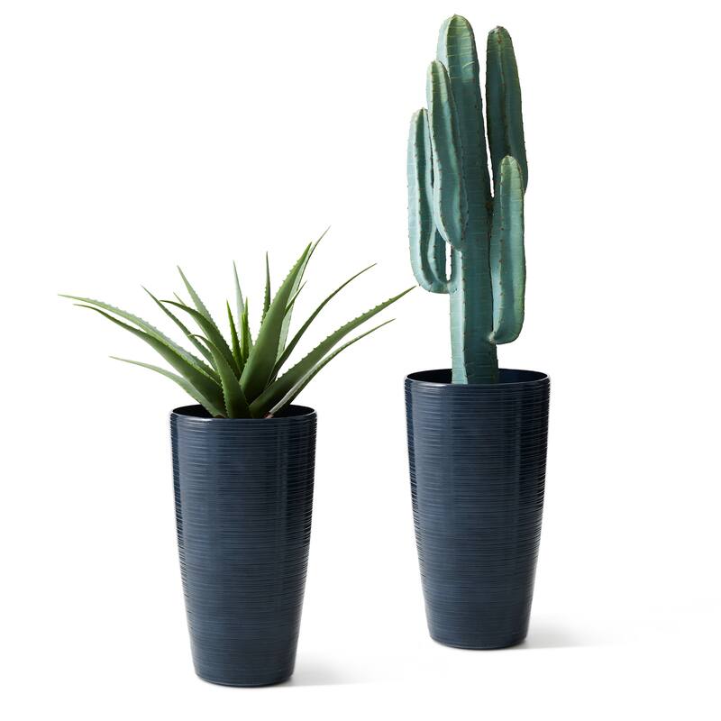 Glitzhome 22.5"H Oversized Set of 2 Turquoise Eco-Friendly Resin Stone Faux Ceramic Textured Tall Planters Porch Flowerpot