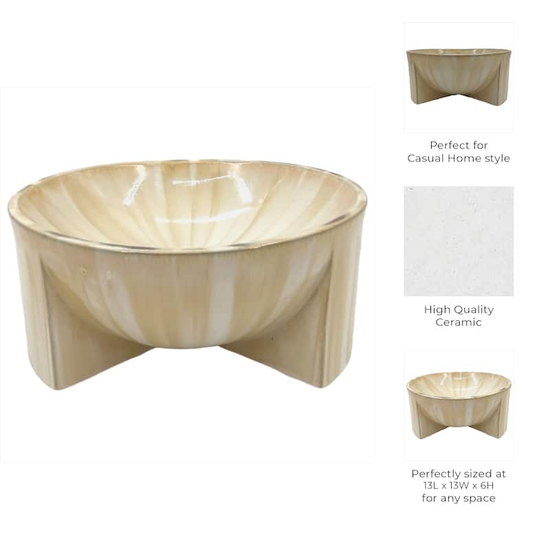 Stoneware Ceramic Decorative Bowl Sculptural Curved Base - 6" Tan - 13" x 13" x 6"