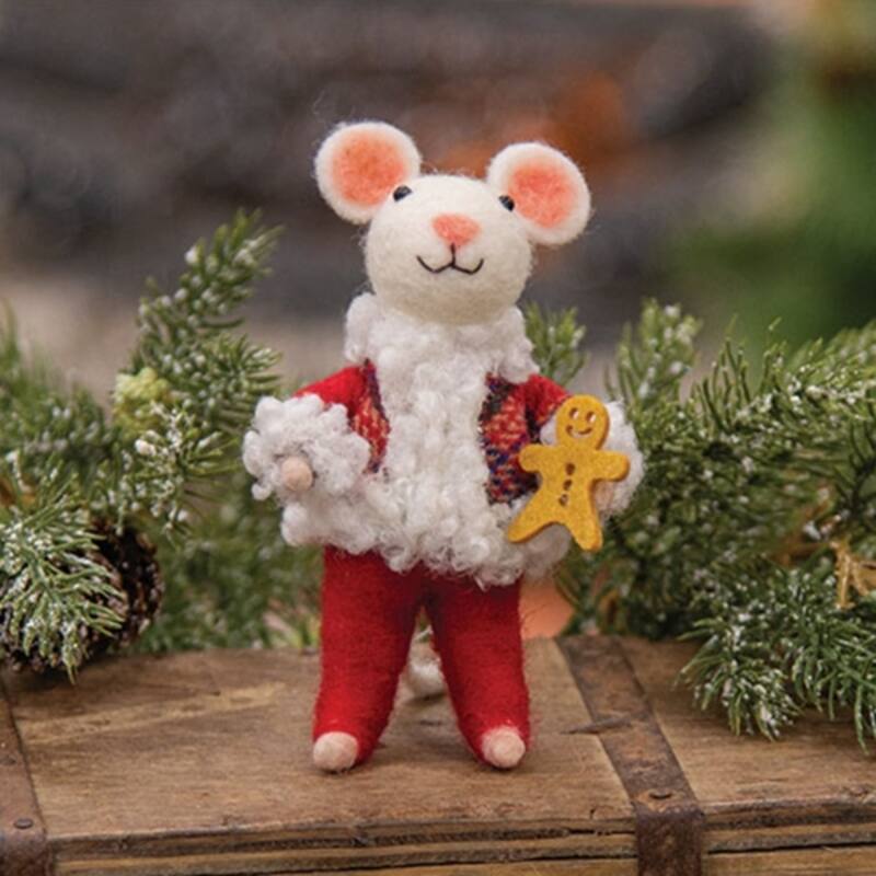 Mouse with Gingerbread Man Felted Ornament for Christmas Tree - 4.75" H x 2.75" W x 1.75" D