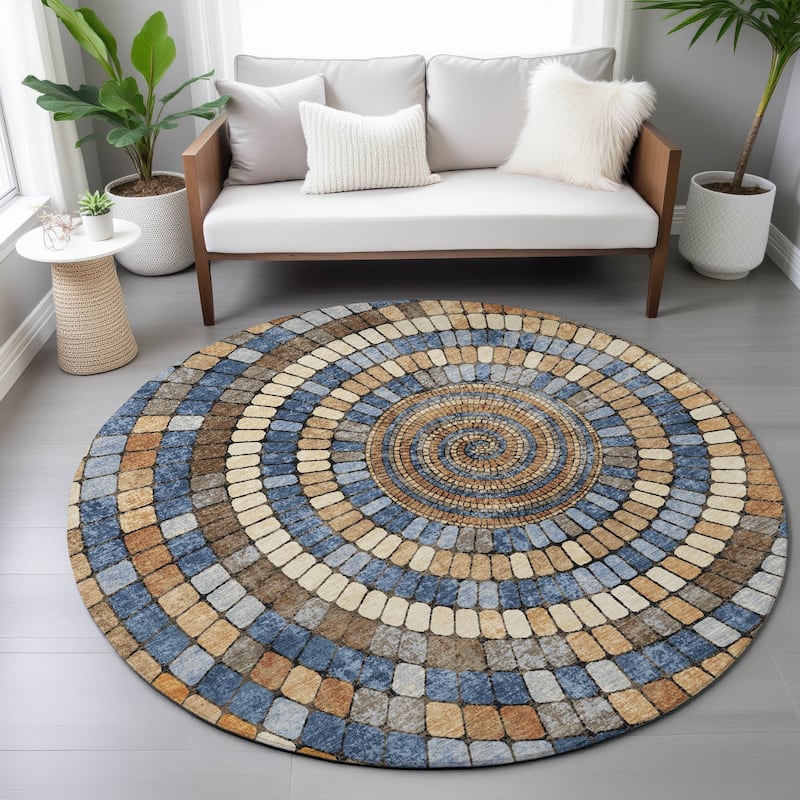 Machine Washable Indoor/Outdoor Contemporary Pinwheel Chantille Rug