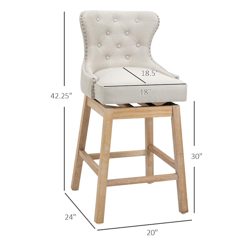 HOMCOM Upholstered Fabric Bar Height Bar Stools Set of 2, 180° Swivel Nailhead-Trim Pub Chairs, 30" Seat Height with Rubber Wood