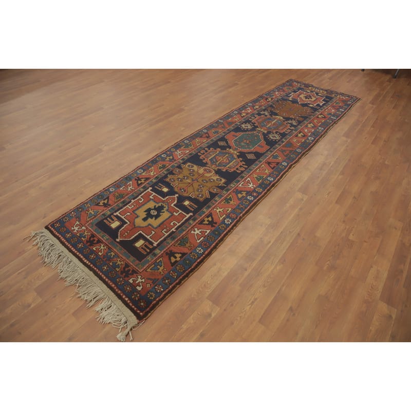 Hand Knotted Oriental 100% Wool Carpet Traditional Geometric Navy Blue & Blues Heriz (serapi) Runner Rug - 11' 0'' X 2' 11''