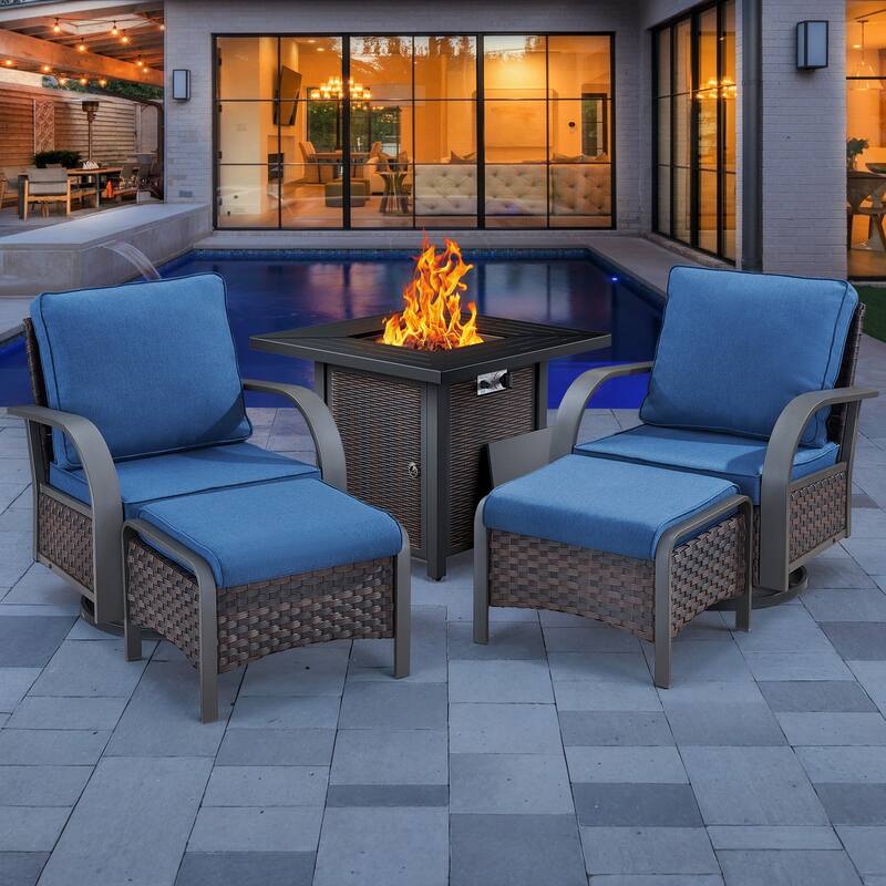 4 Outdoor Glider Chairs with Propane Fire Pit Table - Grey Cushion - Brown - Grey - Brown