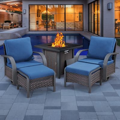 4 Outdoor Glider Chairs with Propane Fire Pit Table - Grey Cushion - Brown
