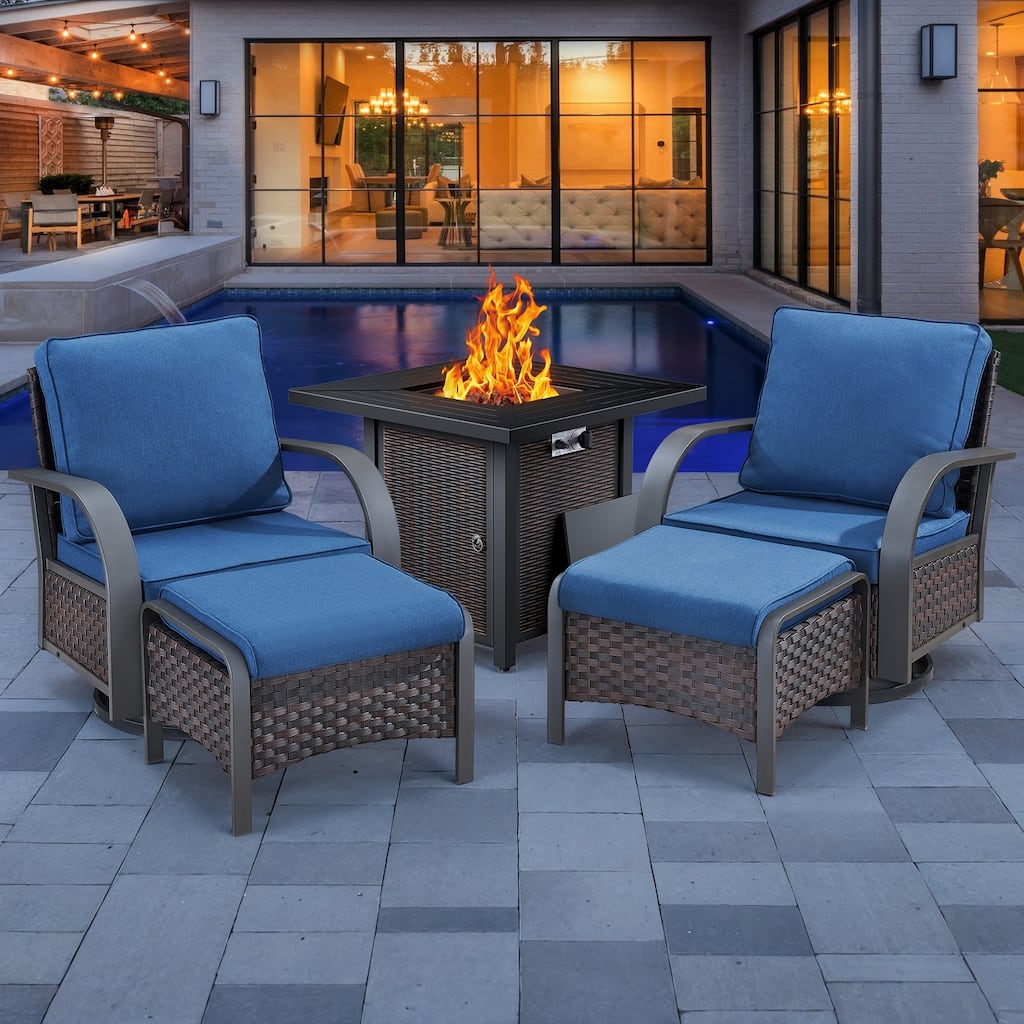 4 Outdoor Glider Chairs with Propane Fire Pit Table - Grey Cushion - Brown
