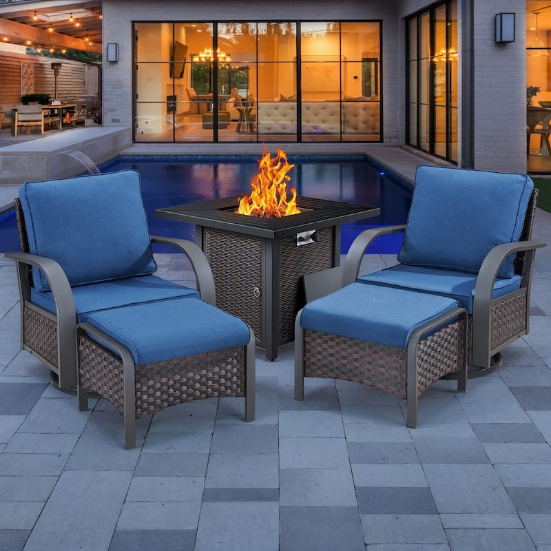 5 Pieces Patio Swivel Chair with Fire Pit Table - Blue Cushion - Brown - Blue - Brown