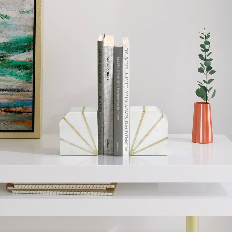 Modern Bookends with Marble and Brass Inlay for Home Decor - Set of 2, 5" - White - 4.75"