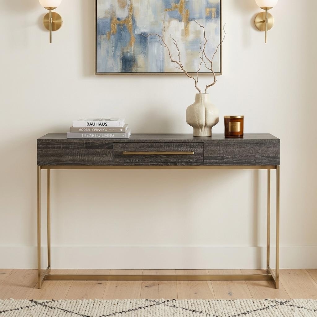 HomeRoots 48" Gray and Gold Wood and Metal Frame Console Table With Drawer - 47.75 in. x 29.50 in. x 15.00 in.