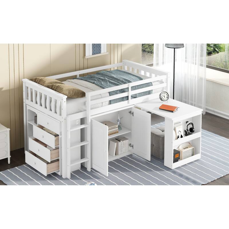 Roomfitters Twin Rubber Wood Loft Bed with Storage Cabinets, Pull-Out Desk, Safety Guardrail and Ladder