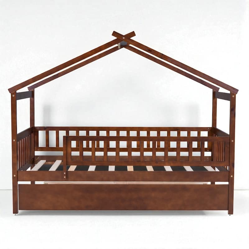 Twin Size Wooden House Bed with Trundle, Roof Design Platform Frame with Headboard for Kids, No Box Spring Needed