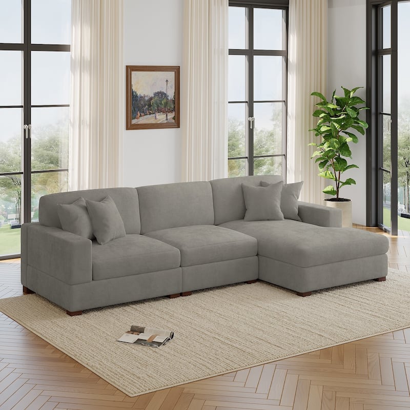 Oversized Modern Chenille Modular Sectional Sofa with Chaise - Right Facing - Grey-3 Piece