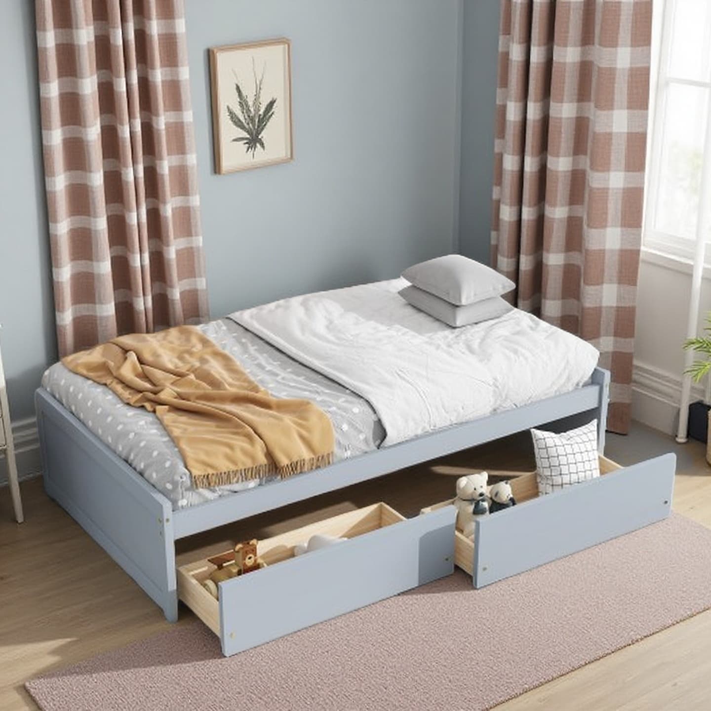 Twin Size Solid Rubberwood Bed with 2 Pull-Out Storage Drawers, Minimalist Platform Bed, Space-Saving Design