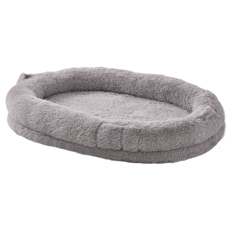 Grey Oval Shape Velvet Large Human Size Dog Bean Bed with Side Handles and Side Pocket for Storage - 71.7” x 48’ x 9.8”