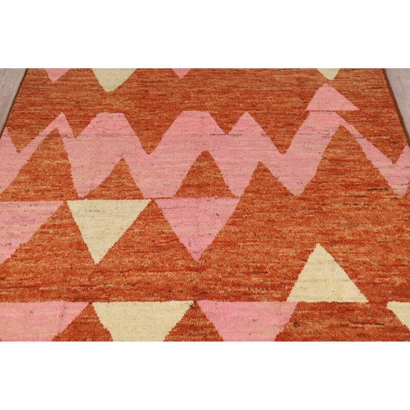 Orange Geometric Moroccan Oriental Area Rug Hand-Knotted Wool Carpet - 6'10" x 9'9"