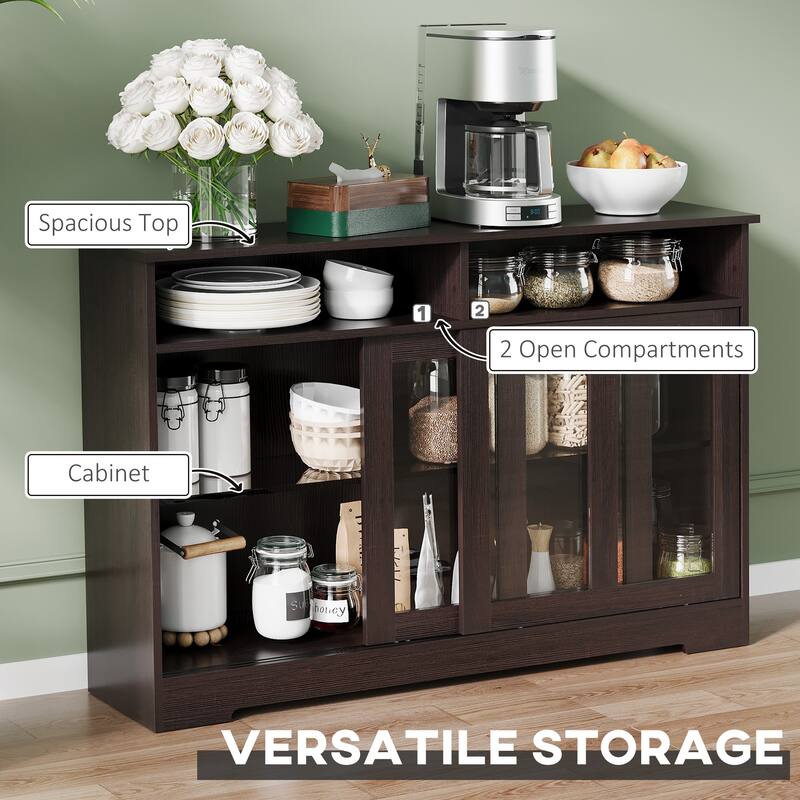 Dark Brown Wood Grain Sideboard with Glass Doors Sliding Storage Cabinet for Kitchen and Dining Room