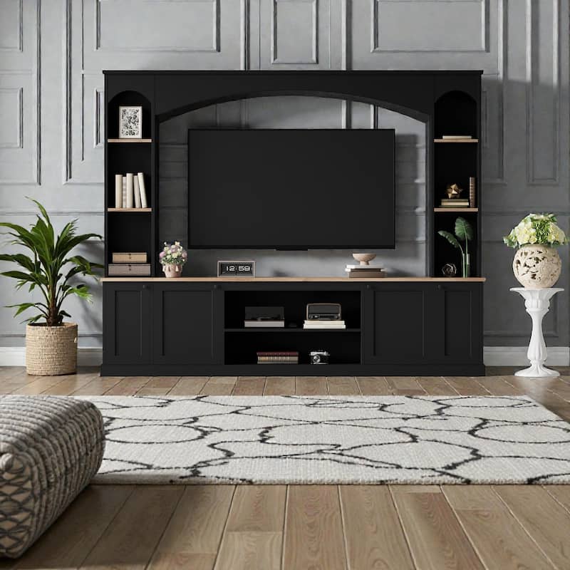 91" Arched Entertainment Center with Bookshelves, Farmhouse TV Stand for TVs up to 70", Media Console