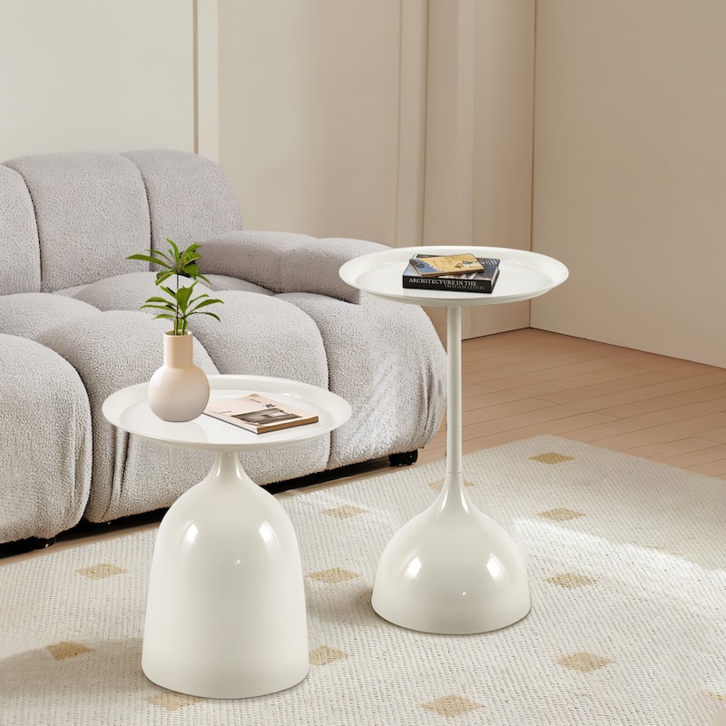 White Metal Side Table Set with 2-Tier Design and Raised Edges - 15.75” L x 15.75 W x 23.23 H