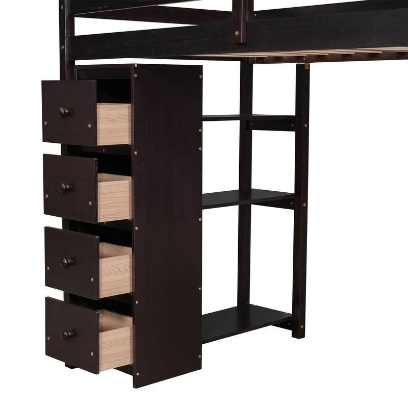 Twin Size Wooden Loft Bed with Storage Drawers, Desk, and Stairs - Space-Saving Design