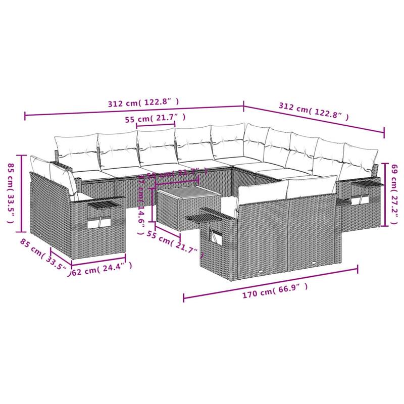 vidaXL Garden Sofa Set Black, Cream White - 24.4 x 25.8 x 27.2