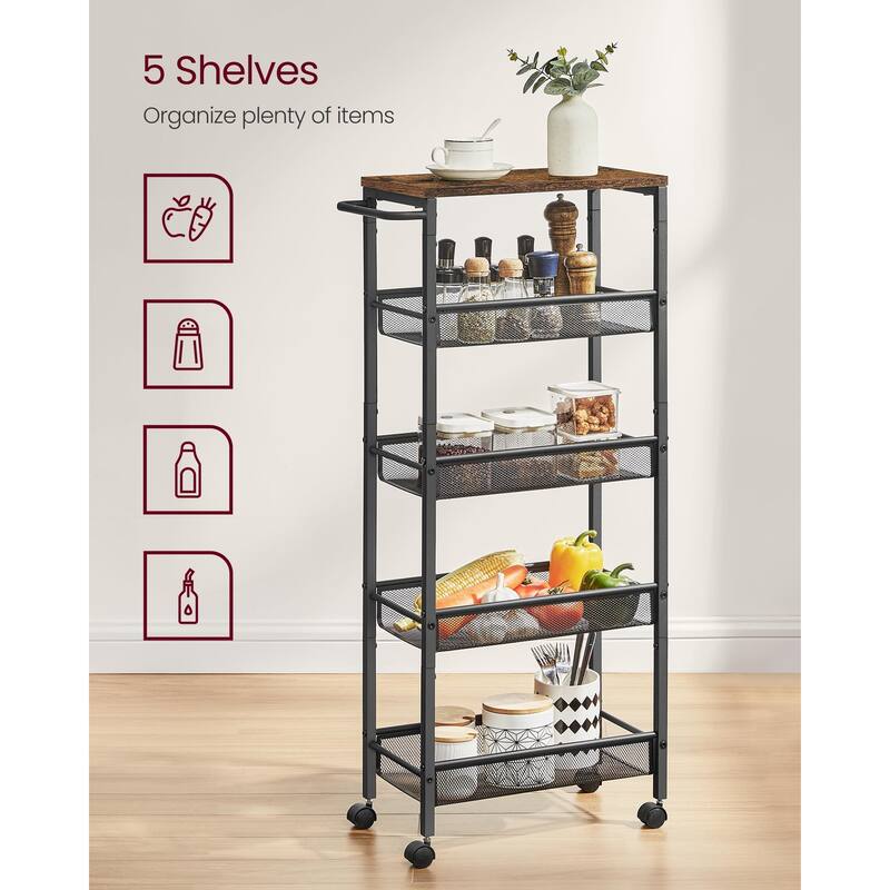 Slim Rolling Cart, 5-Tier Storage Cart, Narrow Cart with Handle, 8.7 Inches Deep, Metal Frame, for Kitchen, Dining Room