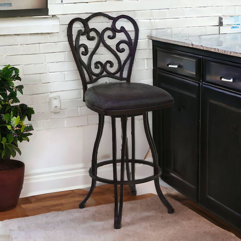 Espresso Fabric Swivel Bar Chair with Scroll Back Design, Iron Frame and Footrest - 19” x 22” x 48” (D x W x H)