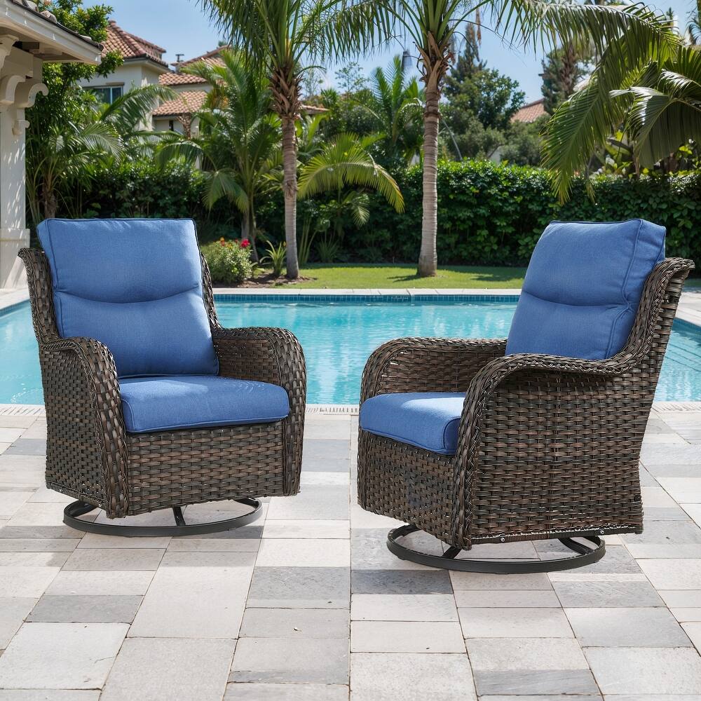 Outdoor Swivel Patio Rattan Chairs- Blue cushion - Brown