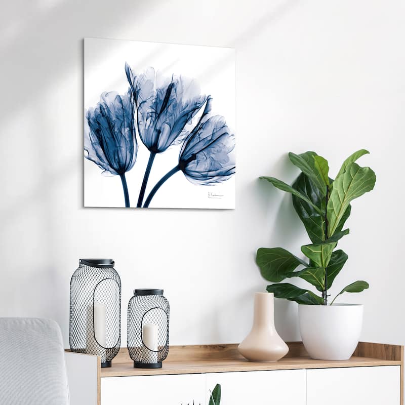 "Blue Tulip x-ray" Flower Wall Art on Frameless Free Floating Tempered Glass Panel